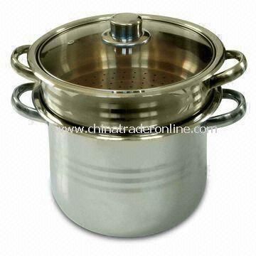 Three Pieces Stainless Steel Food Steamer Set with Wide Edge and Brown Glass Lid