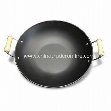 Wok with 2 Wood Handles, 30cm Diameter and 7.5cm Height, No Lid from China