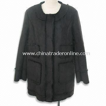 Womens Coat, Made of Poly Suede Bounded, Round Neck, with 4 Pockets