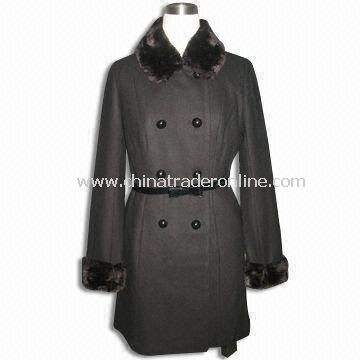 Womens Coat with PU Belt, Made of Polyester Seude Bounded with Fake Fur from China