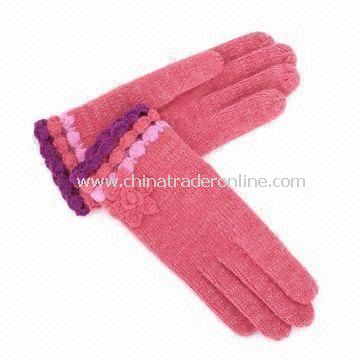 Womens Knitted Gloves with Flower Decoration, Made of Acrylic, Customized Designs are Accepted from China