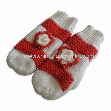 Womens Knitted Gloves with Flower Decoration, Made of Acrylic, Customized Designs are Accepted