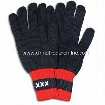 Black Winter Knitted Gloves with Embroidery, Made of Acrylic