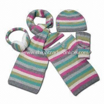 Fashionable Stripe Knitted Scarves with Hat, Gloves and Earmuffs, Measures 180 x 20cm