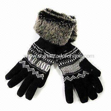 Knitted Gloves with Faux Fur Cuff and Fleece Lining, Made of 100% Acrylic