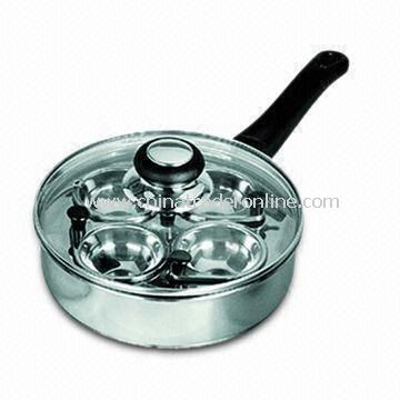 Popular 18cm Stainless Steel Egg Poacher with Glass Lid, Includes Four Egg Cups