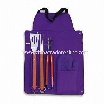 4 Pieces BBQ Tool Set with Wooden Handle