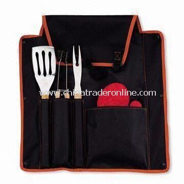4 Pieces BBQ Tool Set with Wooden Handle