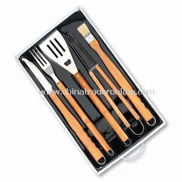 5pcs Wood Handle BBQ Tool Set with PVC Tray Set from China