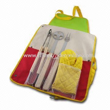 BBQ Set with Apron, Made of Stainless Steel, Includes Fork, Spatula, Tong and A Glove from China