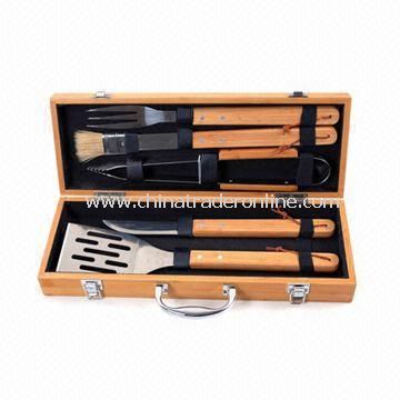 Eco-friendly Bamboo Handle BBQ Tool Set, Includes Spatula, Fork, Basting Brush, and Cutting Knife