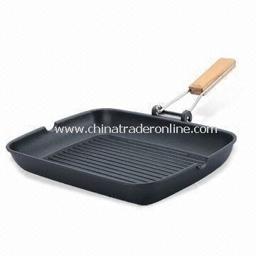 Grill Pan with Foldable Wooden Handle, Made of Aluminum from China