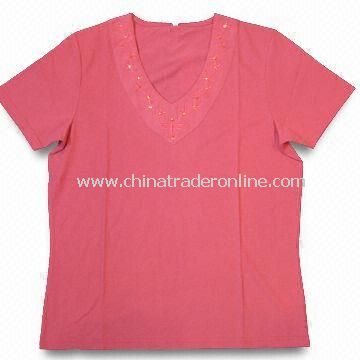 Womens Half-sleeve T-shirts, Weighs 160gsm, Made of 65% Cotton and 35% Polyester from China