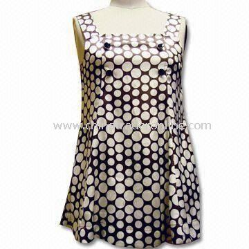 100% Polyester Womens Skirts/Casual Dress with White and Chocolate Dot Prints from China