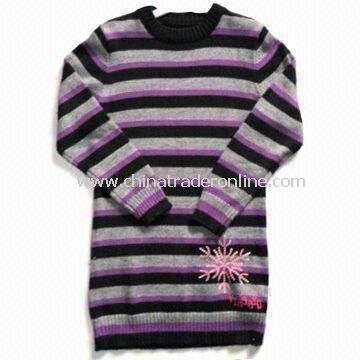 Baby Knitted Sweater with Gray, Black and Purple Stripes, Made of 65% Cotton and 35% Spandex from China