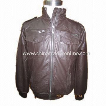 Mens Fake Leather Jacket with Polyester Padding and 100% Cotton Checked Fabric Body