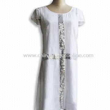 Short Sleeves Womens Skirt/Casual Dress, Made of Polyester Crinkle with Embroidery