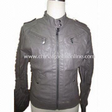 Womens Fake Leather Jacket with 210T 100% Polyester Taffeta Lining, Customized Sizes are Accepted from China