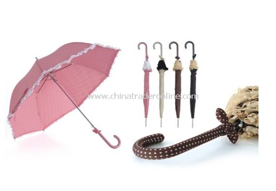 Ladies Polka Dots Printed Coordinated Handle Frilled Straight Umbrella