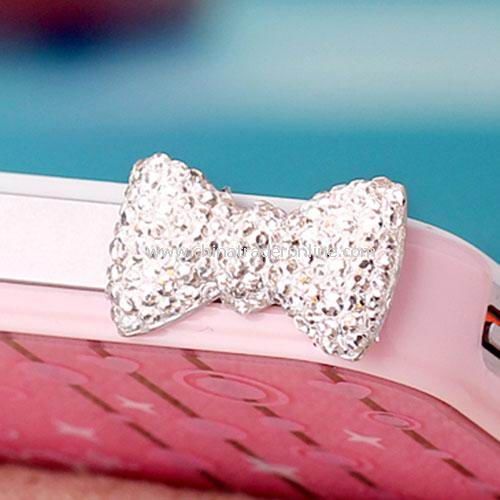 Crystal bow iphone headset hole dust plug / universal cell phone headset jack dust plug white