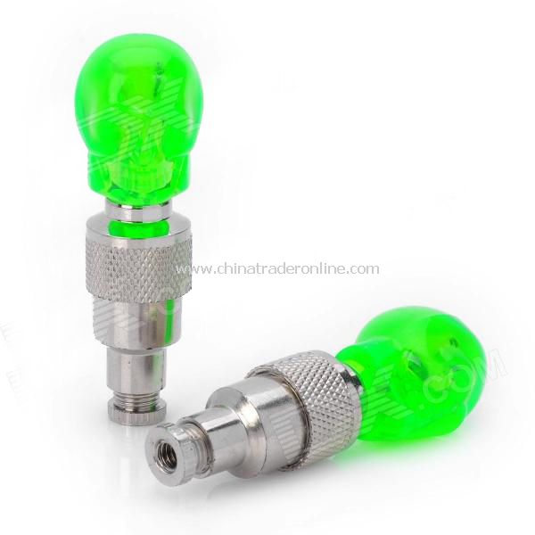 Replacement Skull Style Car Tire Valve Cap w/ 1-LED Flashing Light - Green (Pair / 3 x AG10)