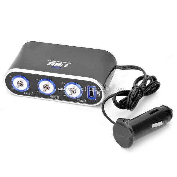 Triple Sockets Car Power Adapter Splitter with USB Port (12V)