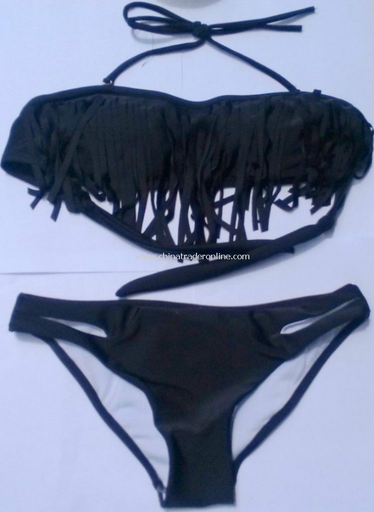 Hot Sale Swimwear Sexy Lady Padded Boho Fringe Bandeau Top Strapless Dolly Bikini Set New Swimsuit