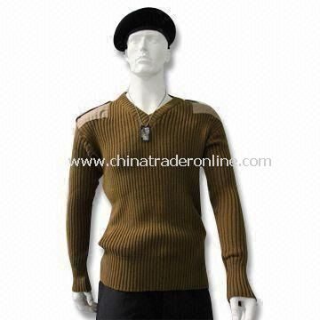 Military Pullover, Patches on Shoulders and Elbows, Made of Wool