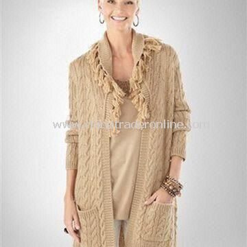 Womens Cardigan Sweater, Made of 70% Acrylic and 30% Wool, Available in Gray and Nude Pink