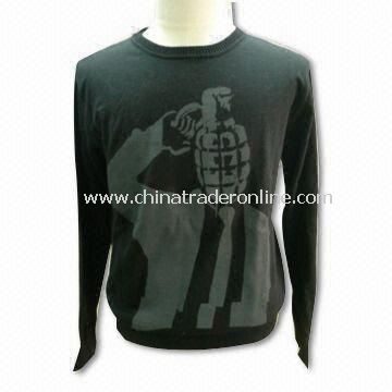 Mens O-neck Sweater with Print, 12gg Gauge, Made of 100% Cotton