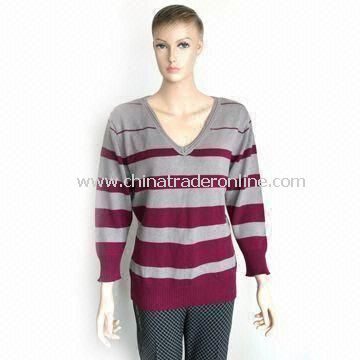 Womens V-neck Knitted Pullover Sweater, Made of 100% Cotton