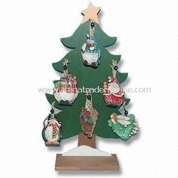 Six Assorted Designs Christmas Tree Design Ornament, Made of Wood, Measures 7 x 0.5 x 9.5cm